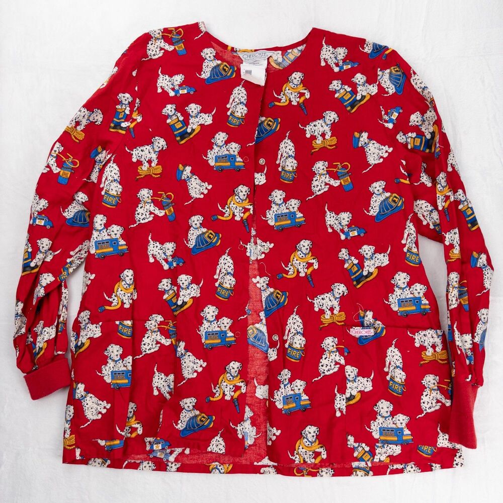 Cherokee Inspired Comfort XL Scrub Top Fire Dept Dalmatian Dog Long Sleeve NWT